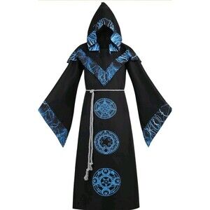 Mens Halloween Costume Hooded Sorcerer Robe Medieval Renaissance Wizard SIZE LG